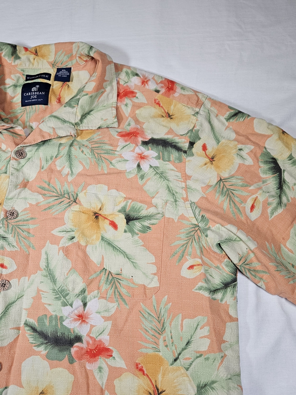 Caribbean Joe Men XXL Hawaiian Shirt 100% Washable Silk Orange Floral Camp Beach